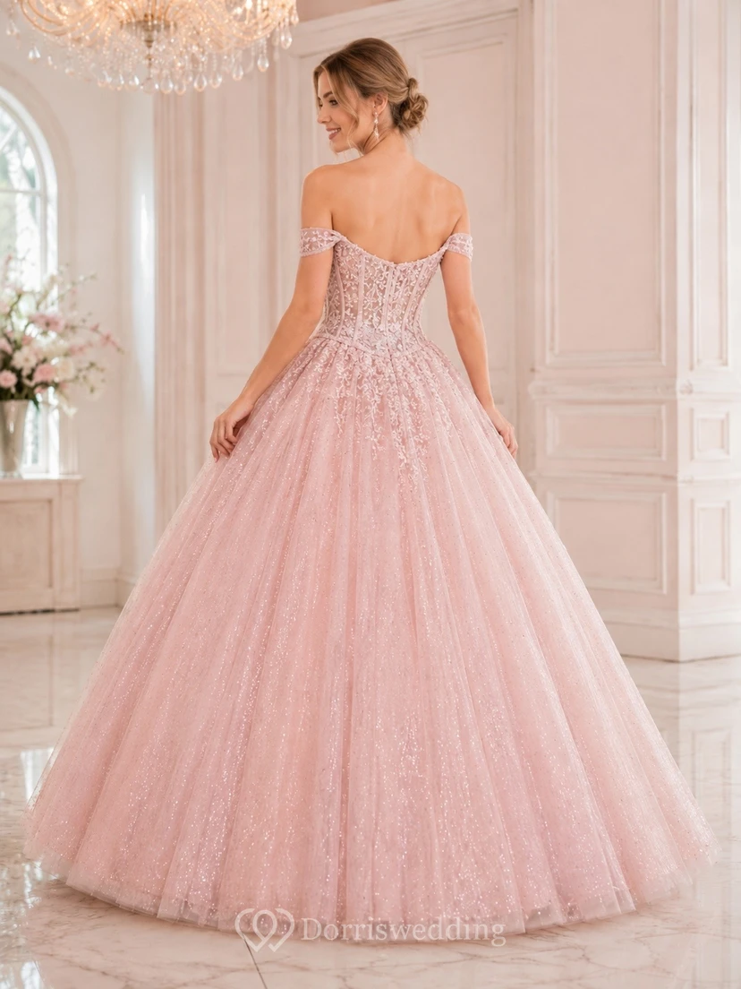 Off Shoulder Blushing Pink Tulle Ball Gown Romantic Sweet Sixteen Dress view 2