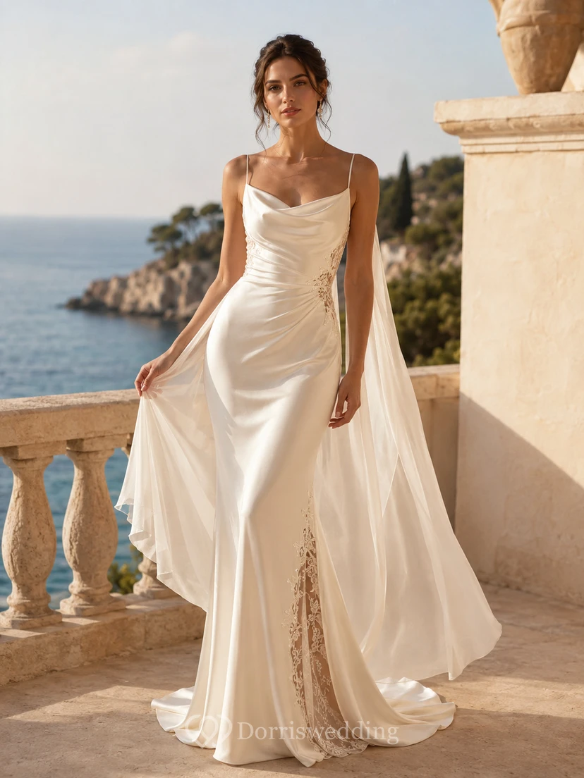 Robe de mariée élégante en satin et mousseline de soie, col bénitier, sans manches, coupe fourreau et traîne, idéale pour une destination touristique.