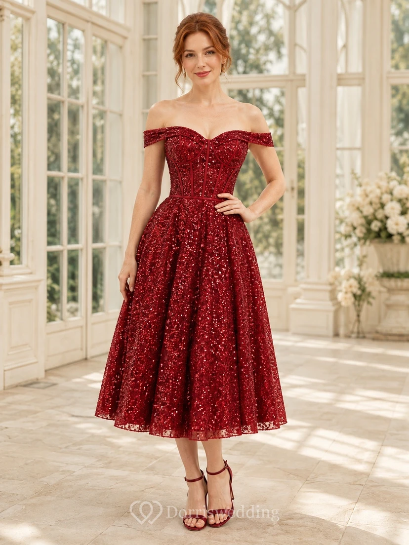 Elegantes, rotes Paillettenkleid mit schulterfreiem Ausschnitt, kurzen Ärmeln, A-Linien-Schnitt und Teelänge