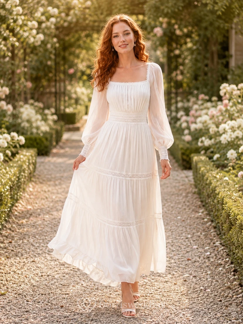 White Chiffon Tulle Poet Sleeve Square Neck Tiered Ankle Length Dress