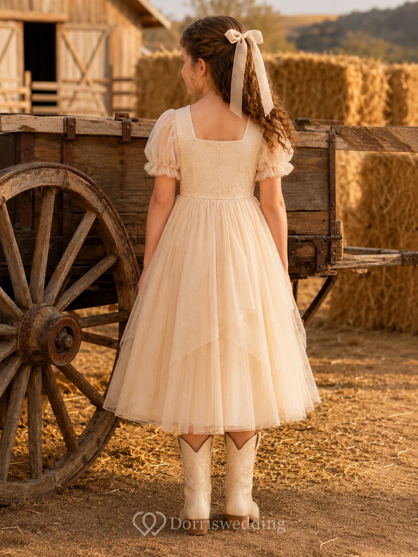 A-Line Flowergirl Champagne Tulle Tea-Length Puff Sleeve Ranch Wedding Dress view 2