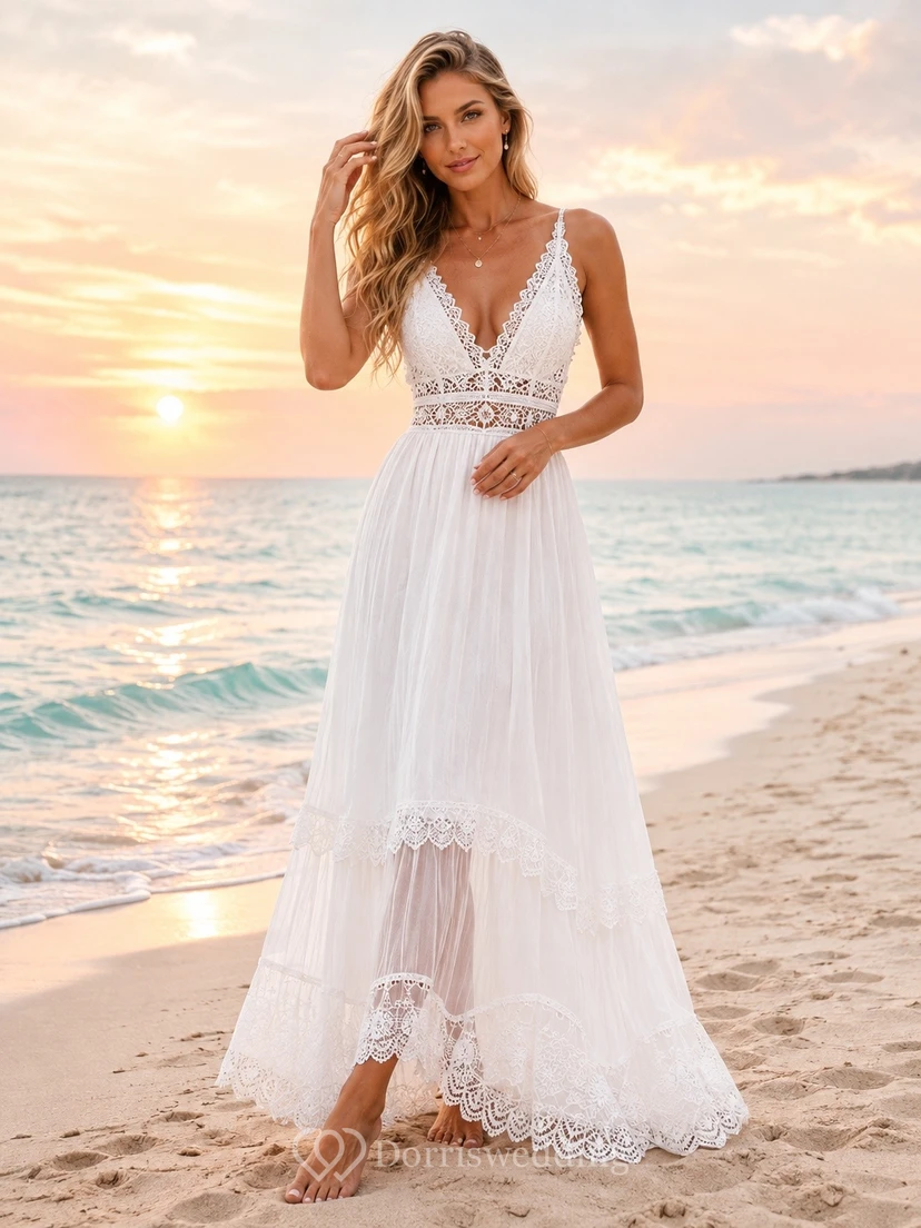 Boho-Strandkleid aus Spitze, lässig, ärmellos, V-Ausschnitt, knöchellang