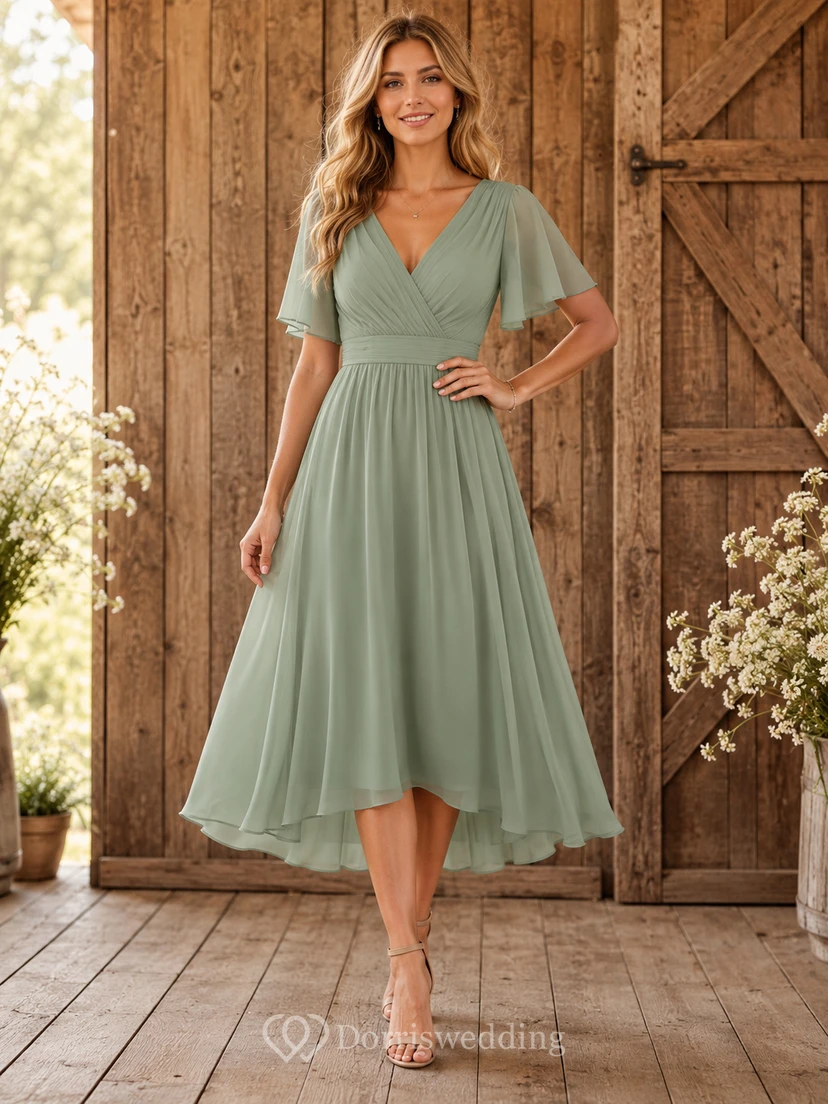 Robe midi de demoiselle d'honneur champêtre en mousseline de soie à manches papillon, couleur sauge