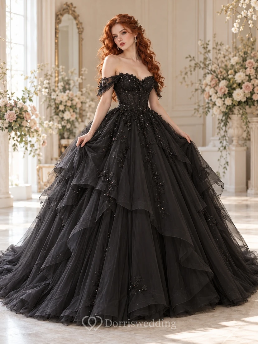 Black Off Shoulder Corset Tiered Ruffle Tulle Ball Gown Wedding Dress