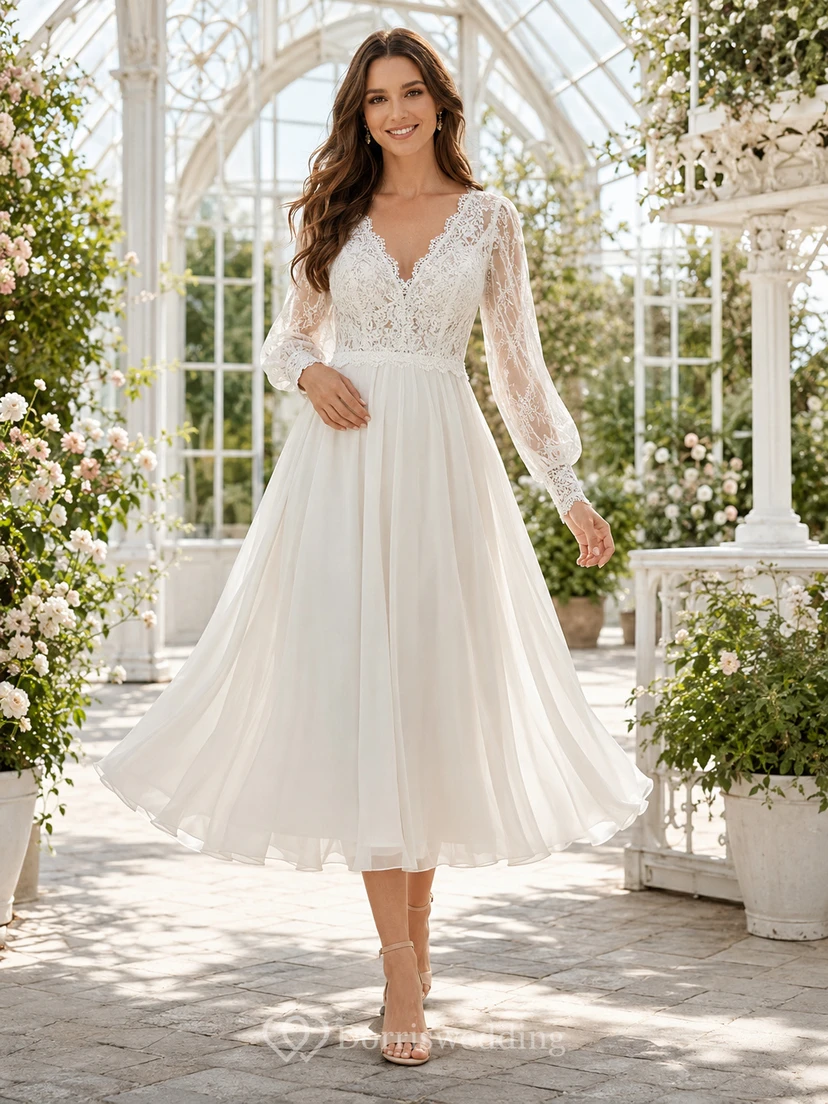 Vestido de novia bohemio de gasa con cuello en V y mangas largas, largo hasta la rodilla, estilo jardín.