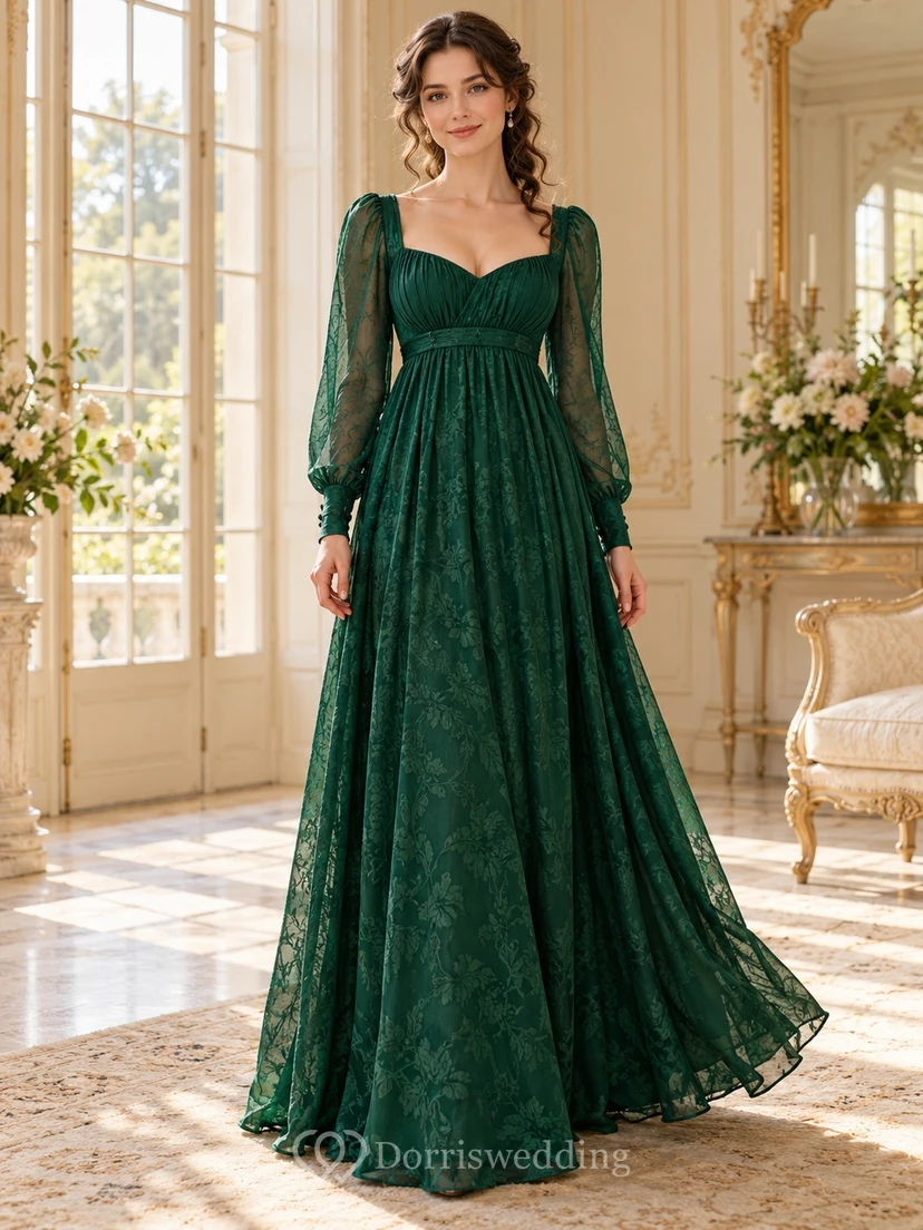 Robe de soirée empire en dentelle vert foncé à manches longues et décolleté cœur, style Régence