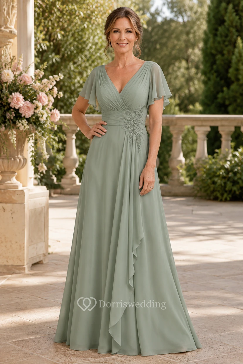 Salbeigrünes Chiffon-Kleid in A-Linie mit V-Ausschnitt und Schnürung am Rücken
