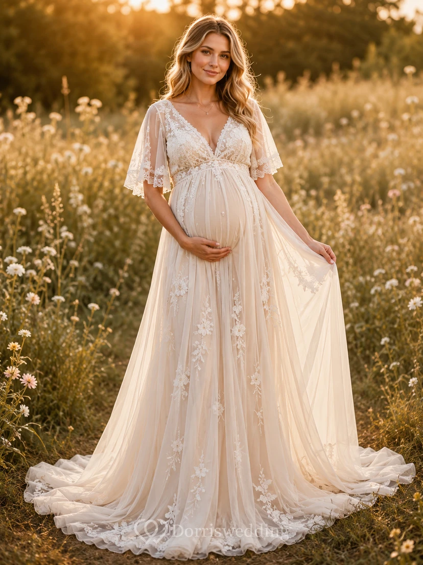 Maternity Wedding Dress V-Neck Flutter Sleeve Lace Country Bridal Gown with Chapel Train