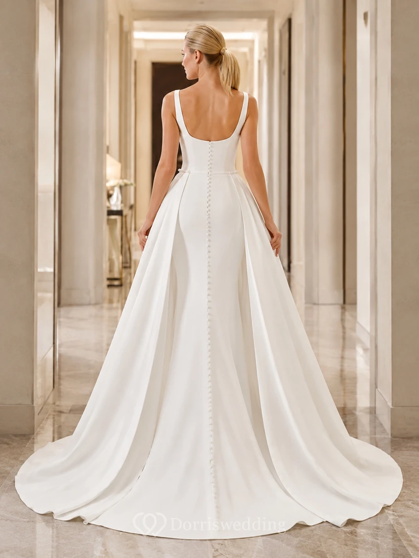 Robe de mariée en satin, coupe trapèze, bretelles carrées, surjupe amovible et traîne chapelle view 2