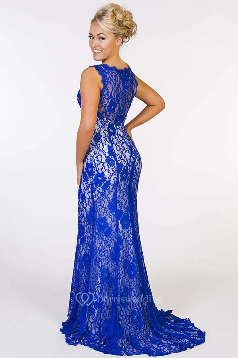 Robe de bal maxi fourreau sans manches à encolure arrondie, ornée d'appliqués de dentelle, avec dos illusion et plis view 2