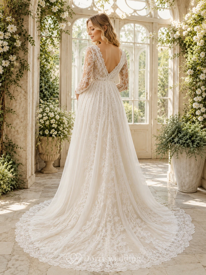 Maternity Wedding Dress V-Neck Long Sleeve Lace Garden Bridal Gown with Chapel Train view 2