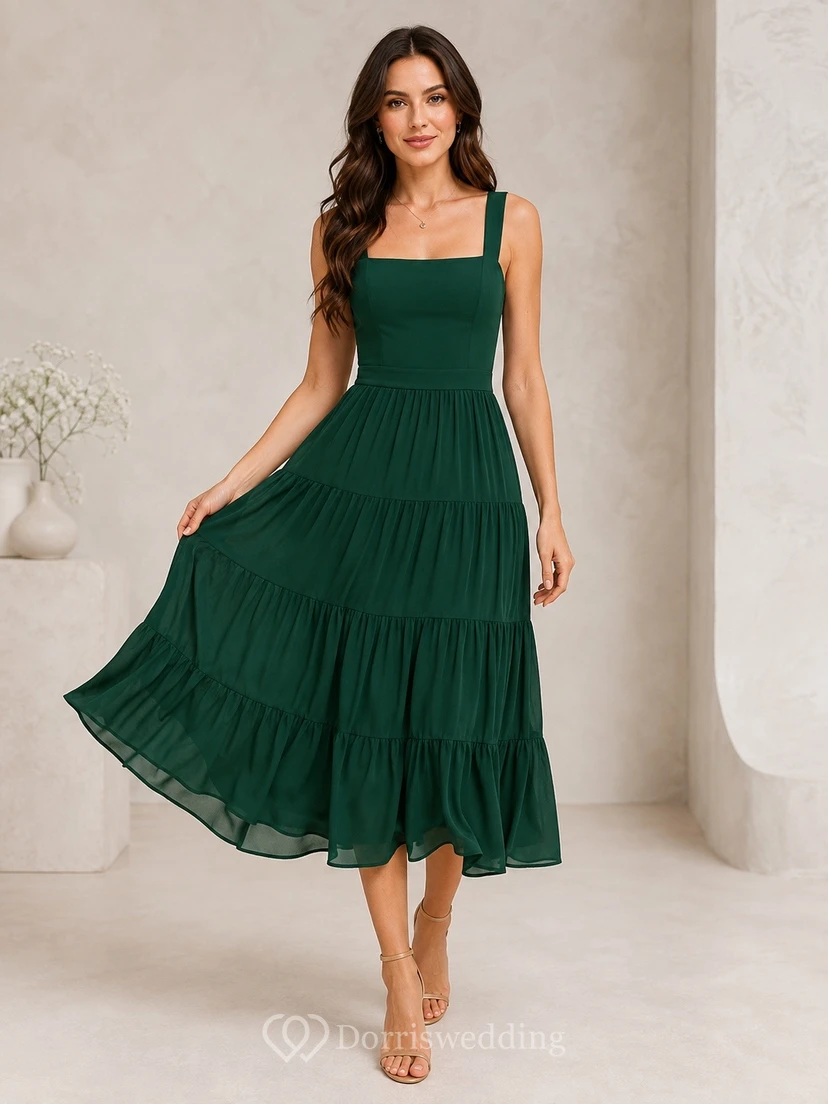 Teelanges, romantisches A-Linien-Kleid mit Spitzenträgern für halbformelle Anlässe