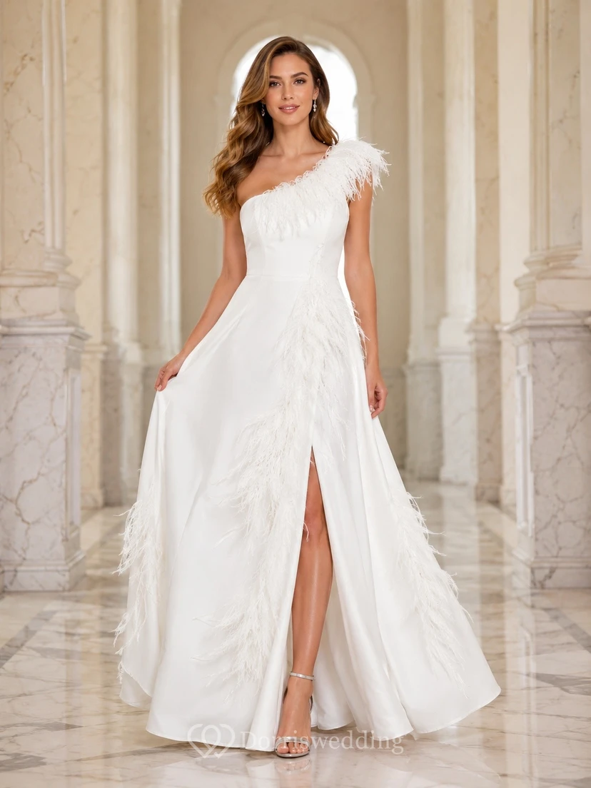 Romantic White Chiffon A-Line Floor-Length One-Shoulder Feathered Evening Dress