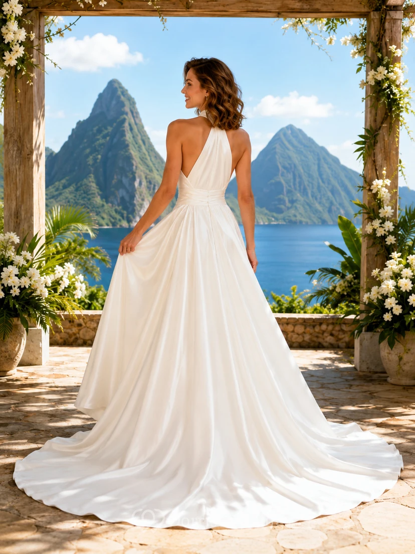 Robe de mariée de destination en satin plissé à col montant et traîne chapelle, ornée de plis et de satin, à col montant et dos nu view 2
