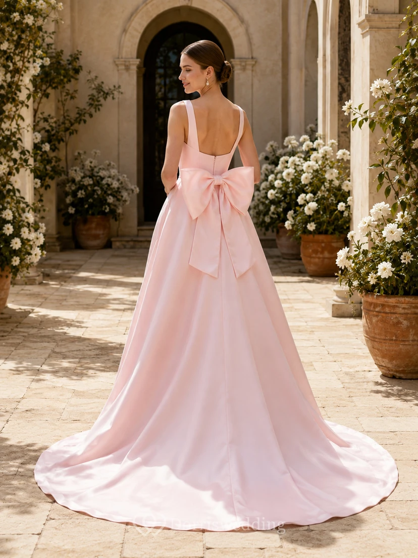 Pearl Pink Square Neck Satin A-Line Bow Back Cathedral Wedding Gown view 2