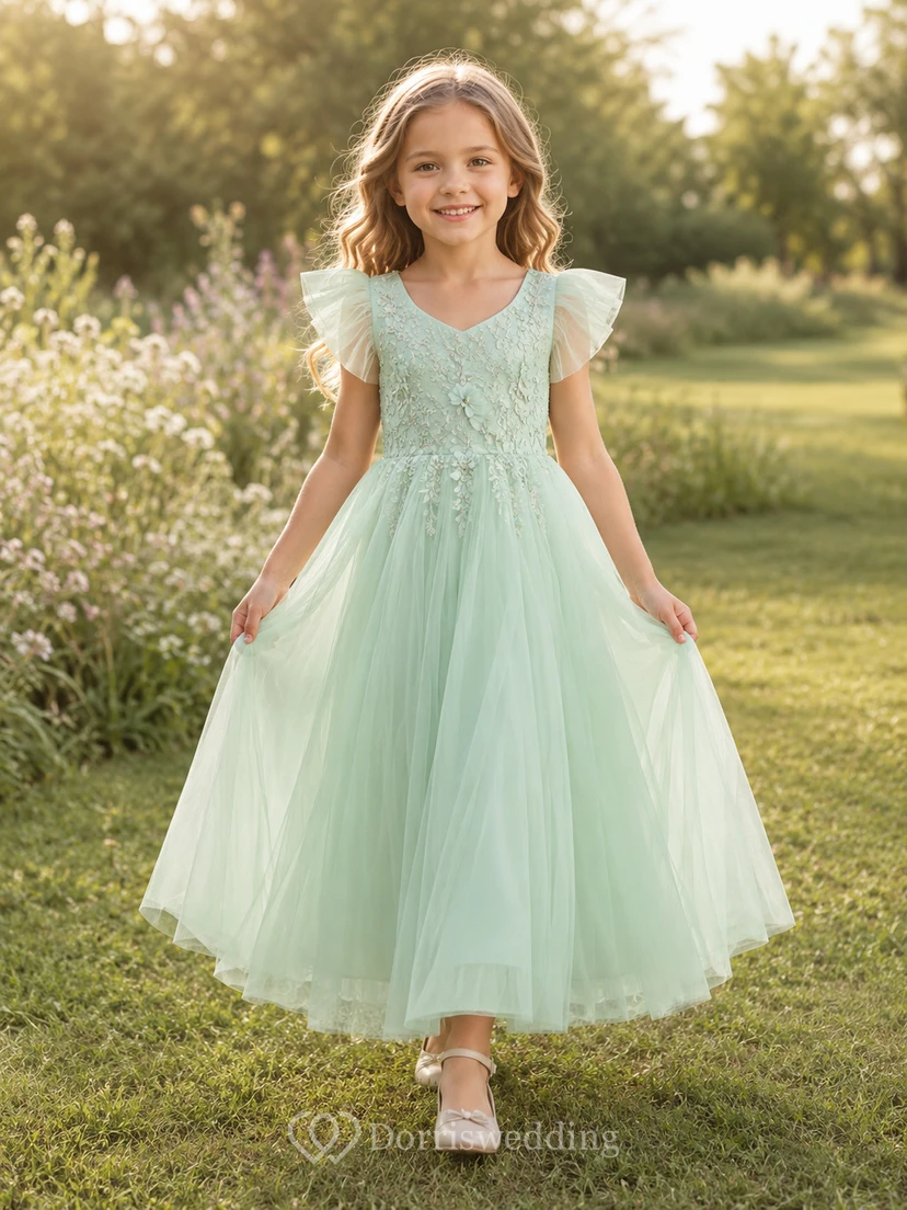 Mint Lace Bodice Tulle A-Line Flower Girl Dress with Short Sleeves, V-Neck and Tea-Length Skirt