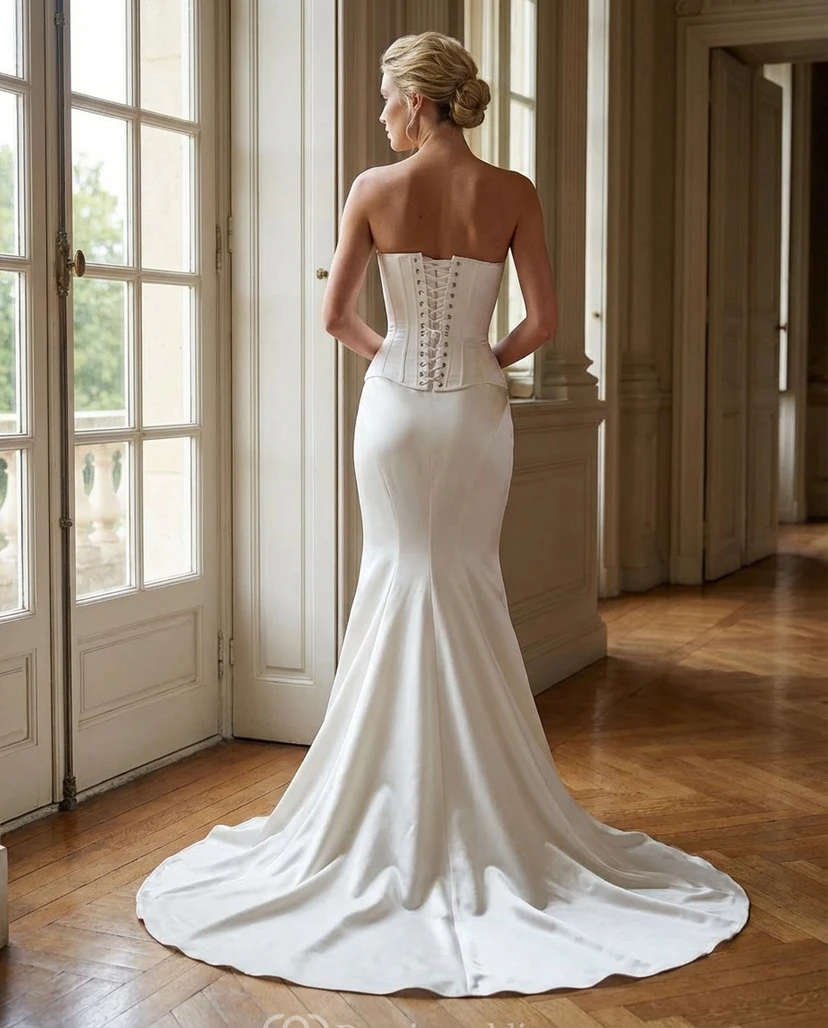 Corset Wedding Dress Mermaid Strapless Satin Bridal Gown with Lace Up Back view 2