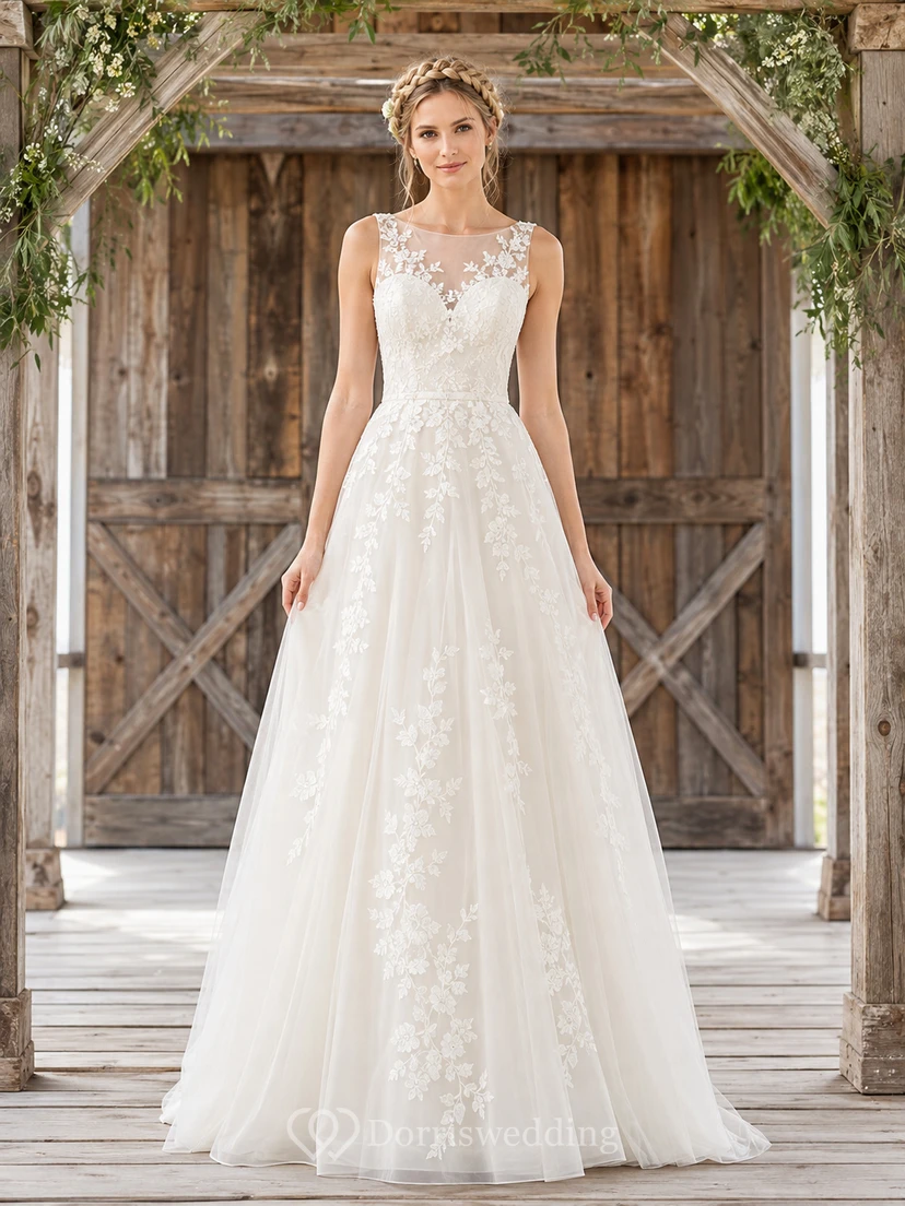 Vestido de novia rústico romántico sin mangas con escote en V, bordados, encaje completo y tul, corte en A con cola larga.