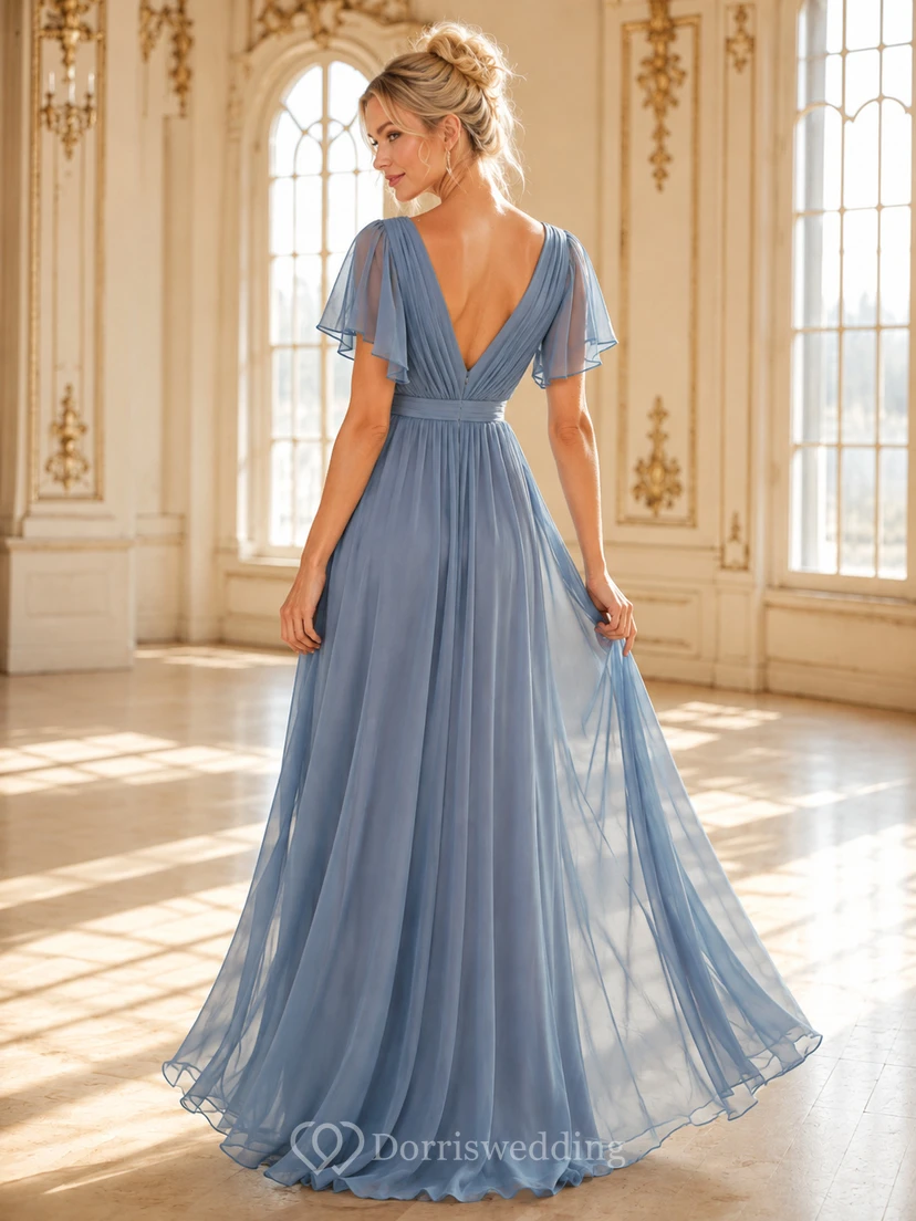 Stahlblaues, plissiertes Chiffon-Abendkleid in A-Linie mit V-Ausschnitt, Blütenblattärmeln und tiefem V-Ausschnitt view 2