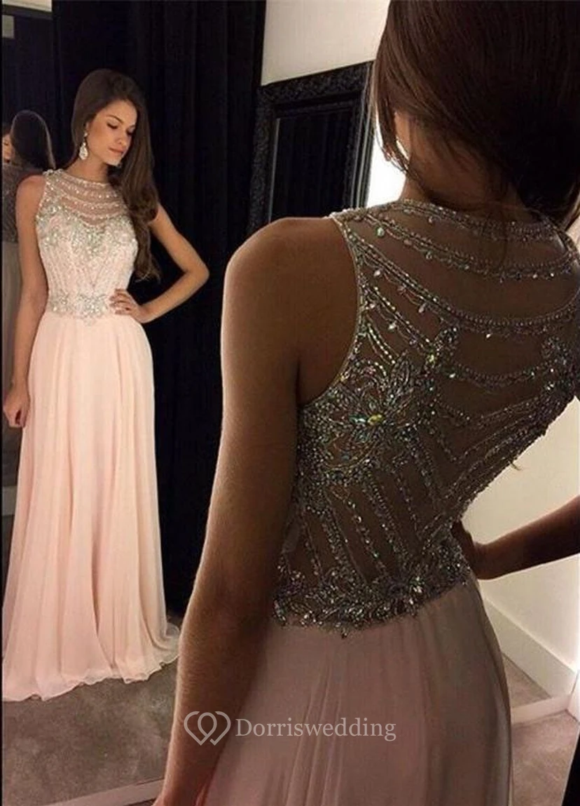 Nuevo vestido de noche de gasa con cristales, corte en A, efecto ilusión, largo hasta el suelo.