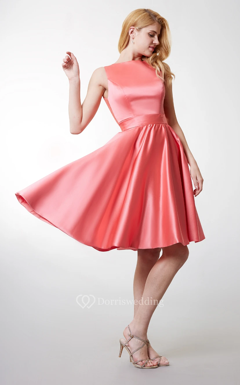 Elegant Bateau Neck Pleated Short Satin Dress With Lace Keyhole Back view 4