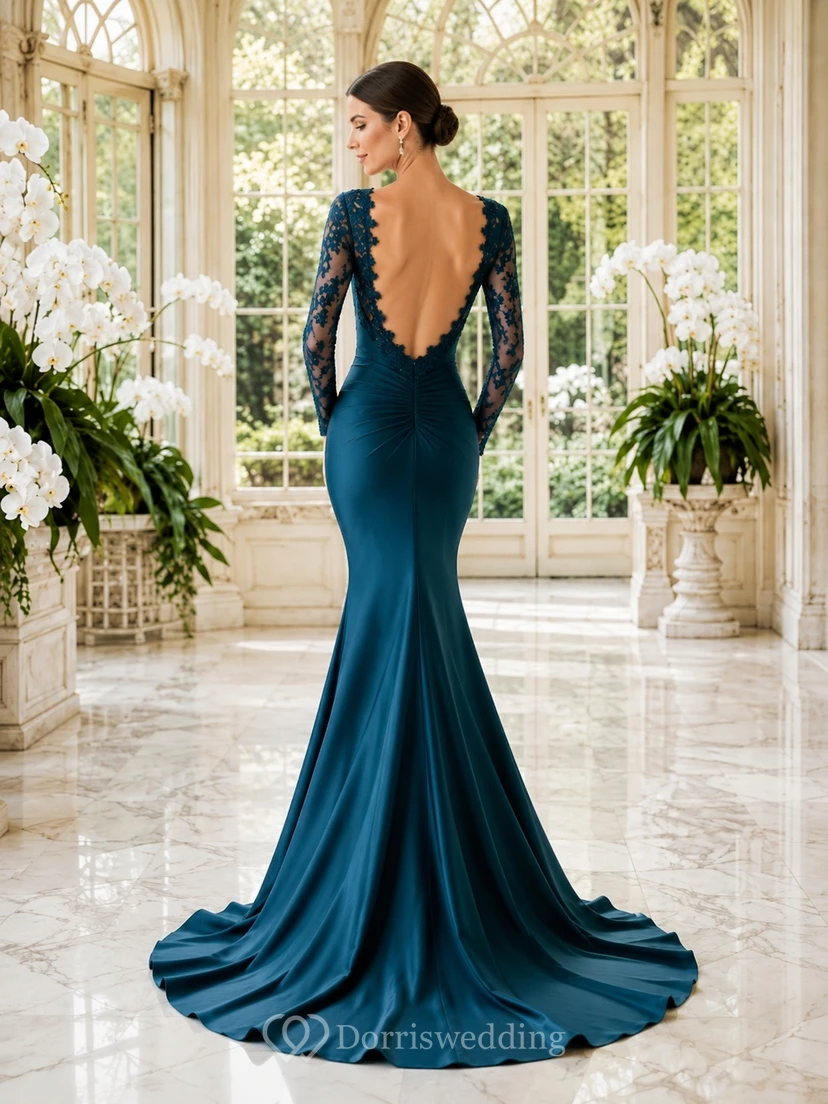 Dunkeltürkisfarbenes Meerjungfrauen-Brautkleid mit langen Ärmeln, Satinspitze und herzförmigem Ausschnitt, bodenlang view 2