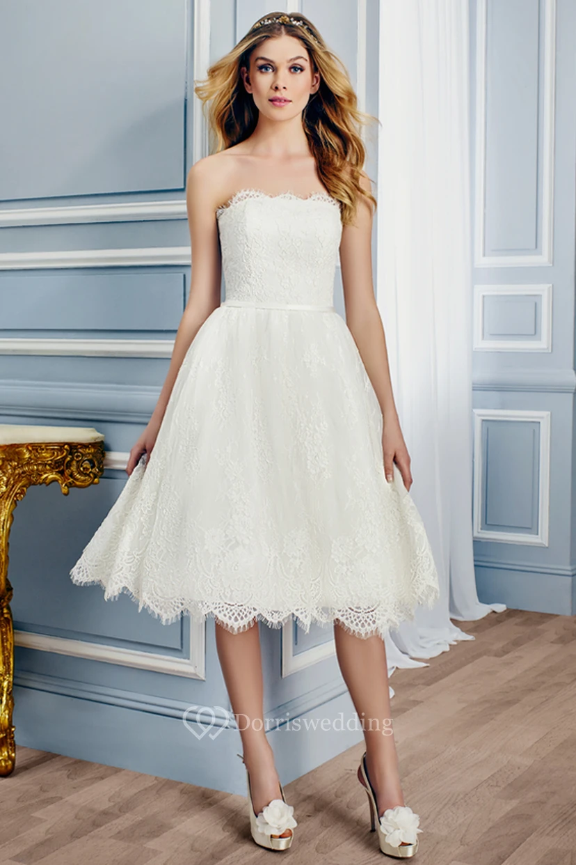 Strapless Tea-Length Lace Wedding Dress With V Back