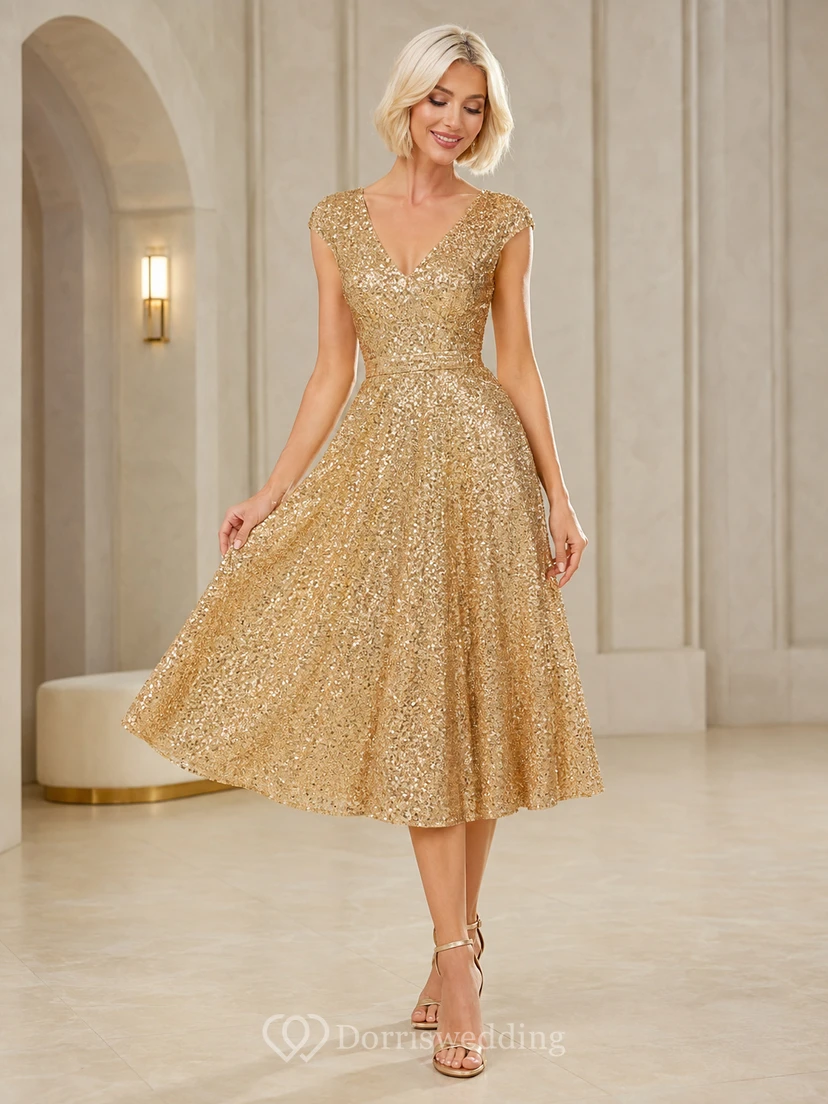 Vestido de noche formal de corte A, largo midi, largo midi, con escote en V, mangas cortas, lentejuelas y lentejuelas doradas.