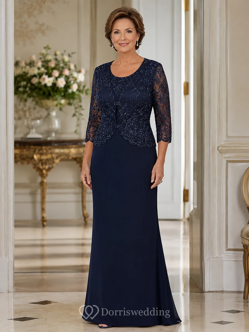 Robe fourreau bateau en mousseline de soie à manches 3/4 et dentelle, idéale pour la mère de famille.
