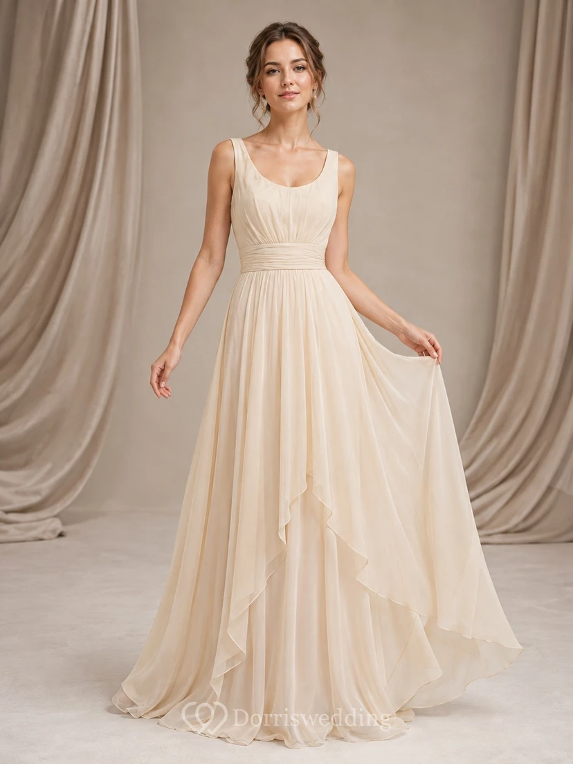 Champagne Square Neck Pleated Chiffon Gown Classic Occasion