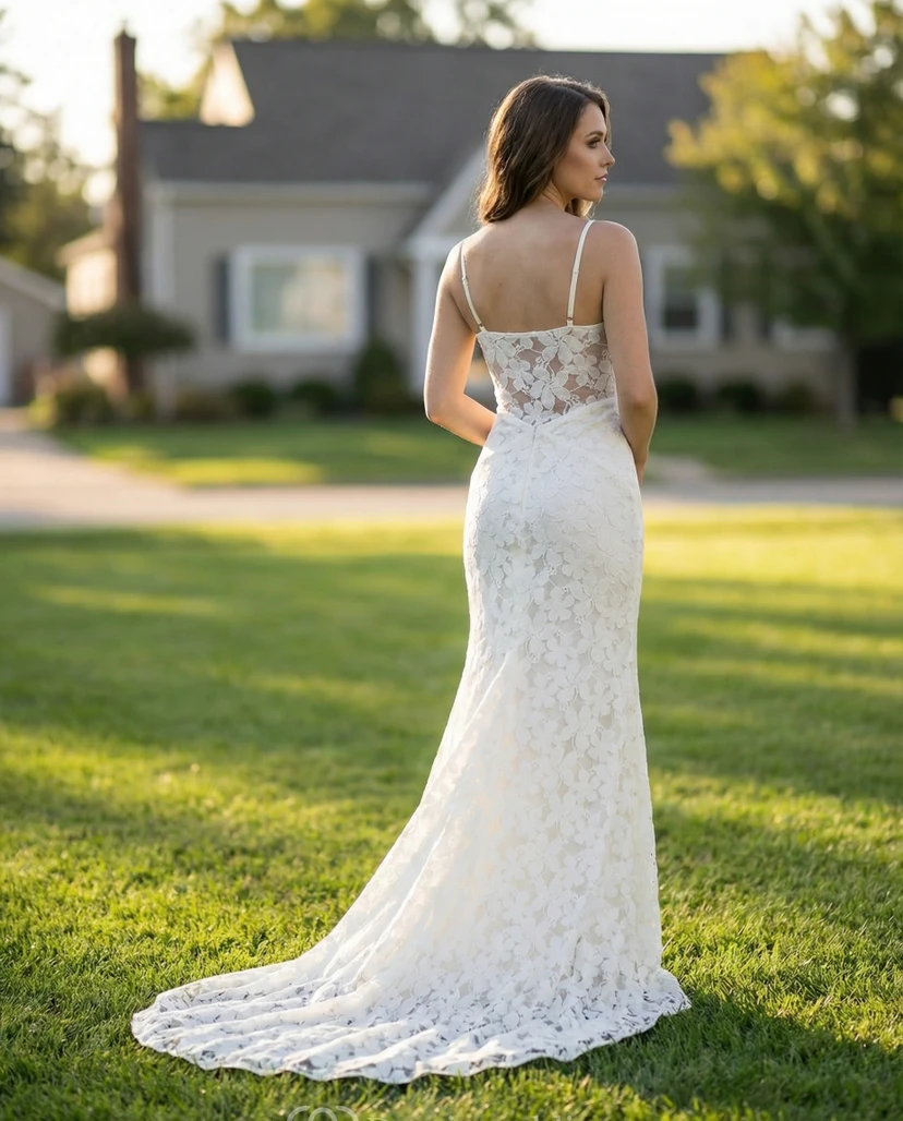 Robe de mariée fourreau longue en dentelle pour une tenue décontractée à la plage view 2