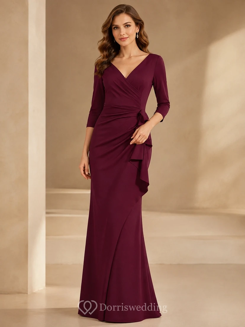 Claret Simple Jersey Wrap V-neck 3/4 Length Sleeve Sheath Floor-length Mother Dress