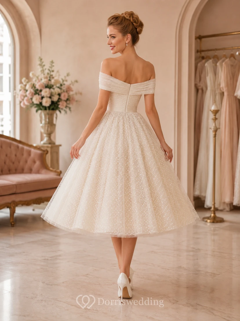 Retro Off Shoulder Dotted Tulle A-Line Tea Length Civil Wedding Dress view 2