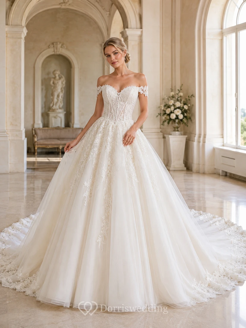 Robe de mariée classique en dentelle et tulle, épaules dénudées, manches courtes, traîne cathédrale, applications florales, fermeture éclair au dos