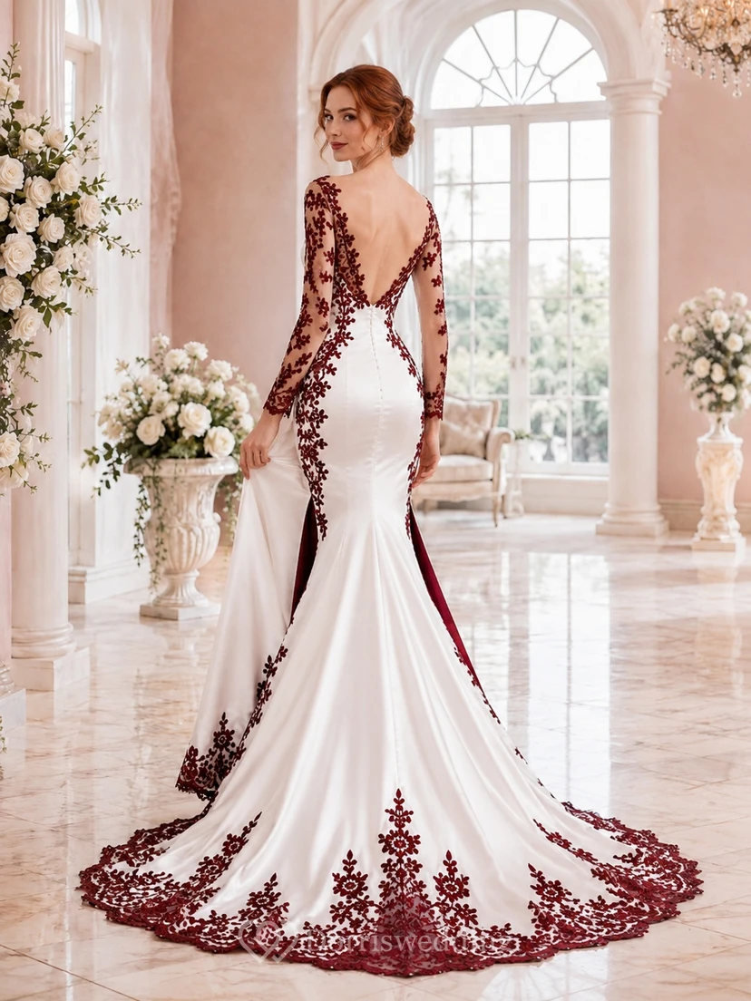 Elegantes Brautkleid aus burgunderroter Spitze mit langen Ärmeln, herzförmigem Ausschnitt, Meerjungfrauen-Schleppe und Hofschleppe view 2