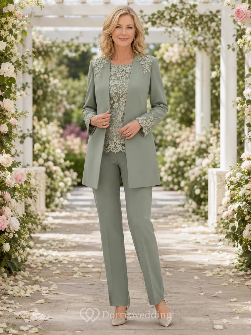 Eleganter, salbeigrüner, langer Blazer aus Spitze mit taillierter Silhouette, taillierter Hosenanzug für die Mutter der Braut mit langen Ärmeln und geschwungenen Manschetten