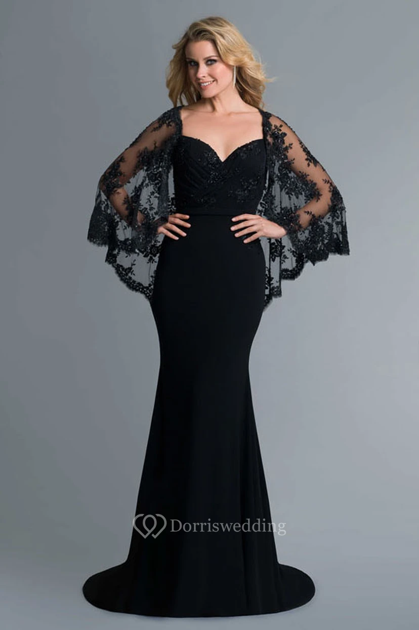 Sheath Long Jersey Deep-V Back Dress With Lace And Cape
