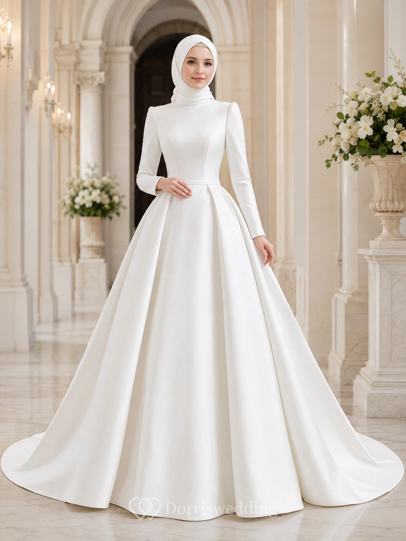 Modest Muslim Long Sleeve Mikado High Neck Ball Gown Wedding Dress