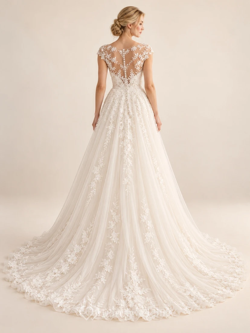 Cap Sleeve Bateau Floral Applique Tulle A-Line Wedding Dress view 2