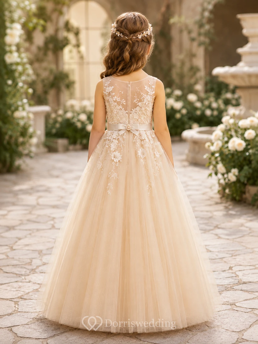Robe de demoiselle d'honneur en dentelle champagne et tulle, robe de bal, col rond, longueur au sol view 2