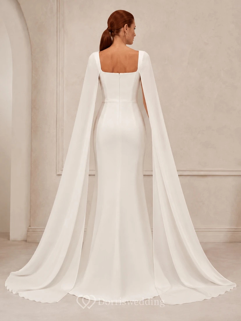 Robe de mariée minimaliste en satin, coupe trapèze, col carré, sans manches, traîne. view 2
