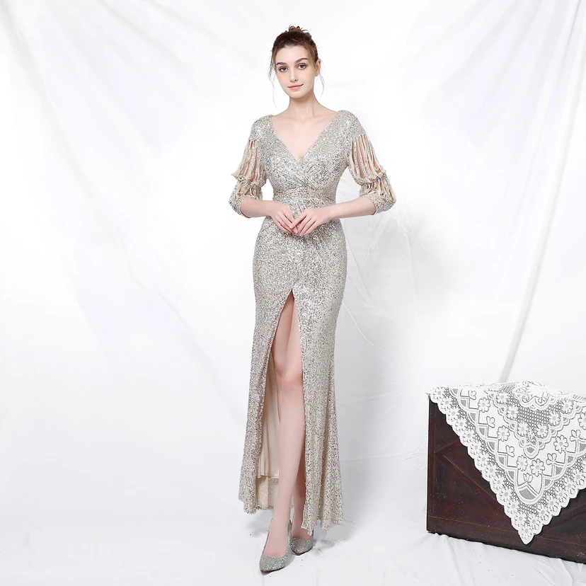 Elegantes, langärmeliges Paillettenkleid im Meerjungfrauenstil mit Meerjungfrauenschnitt – perfekt für festliche Anlässe. view 20