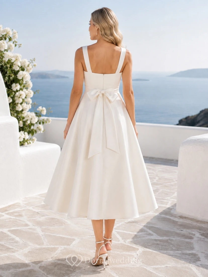 Vestido de novia premamá de satén sin mangas, corte en A, largo midi, con tirantes y escote cuadrado view 2