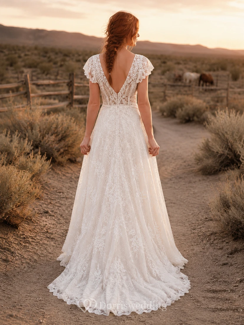 Western Rustic Cap Sleeve Lace Sheath Wedding Dress view 2