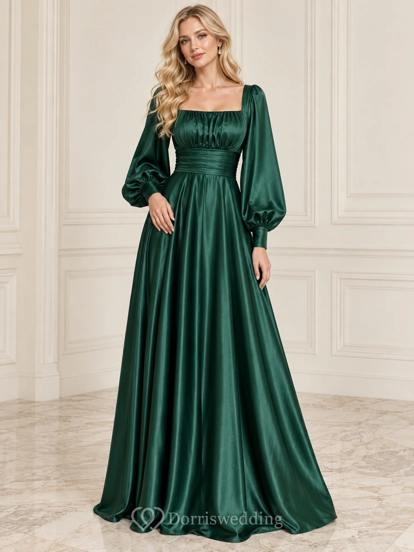 Vestido de noche formal de corte A, largo hasta el suelo, de satén esmeralda, con escote cuadrado, mangas obispo y cintura fruncida.