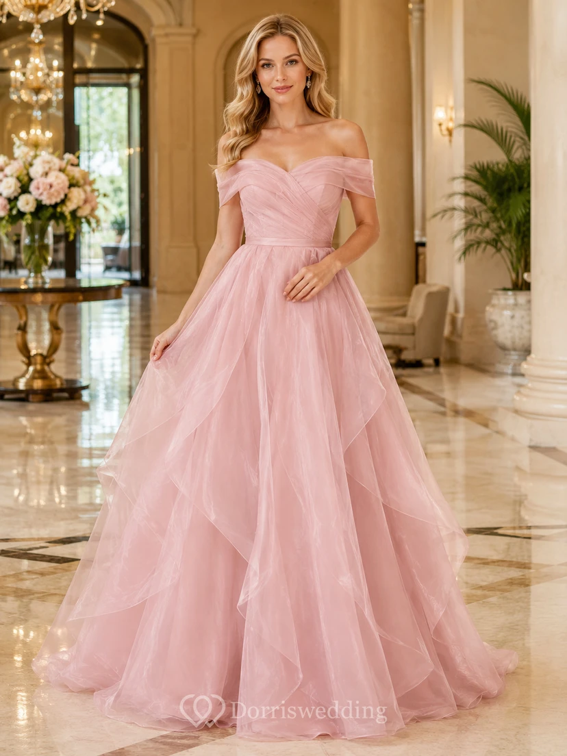 Blush Off Shoulder Layered Organza Ball Gown Formal Dress