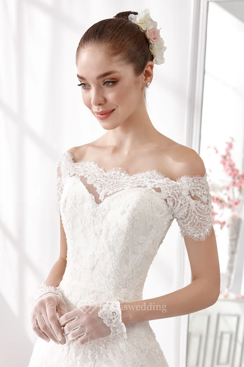 Off-shoulder A-line Wedding Dress with T-shirt Sleeves and Brush Train  view 3