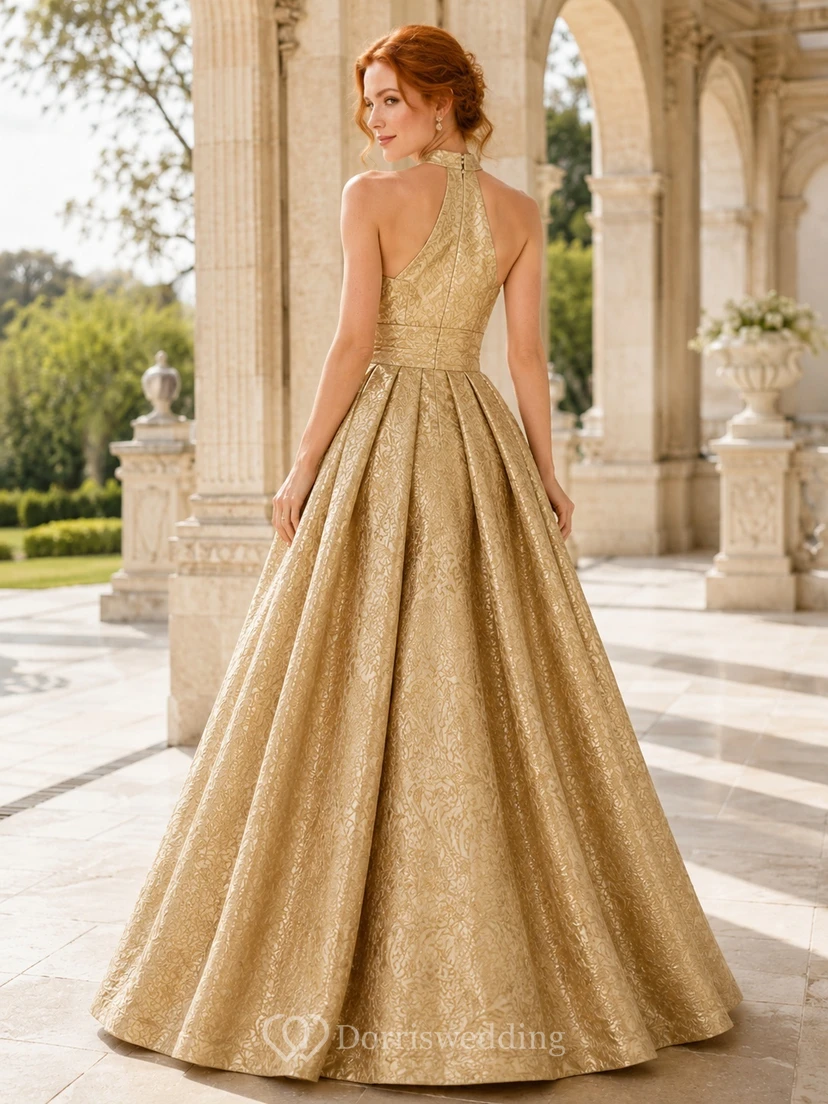 Elegantes, bodenlanges, goldfarbenes Abendkleid mit hohem Kragen und Neckholder aus Jacquard-Stoff in A-Linie view 2