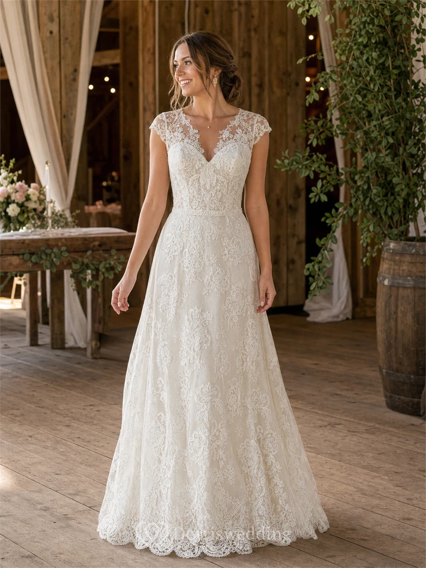 Vintage-Hochzeitskleid mit Spitze und Empire-Kappe in Elfenbeinweiß view 7