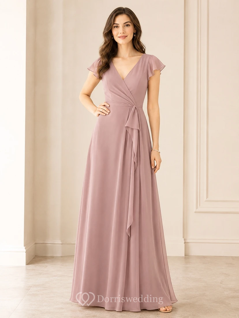 Dusty Rose Wrap Front V-Neck A-Line Floor-Length Chiffon Evening Gown